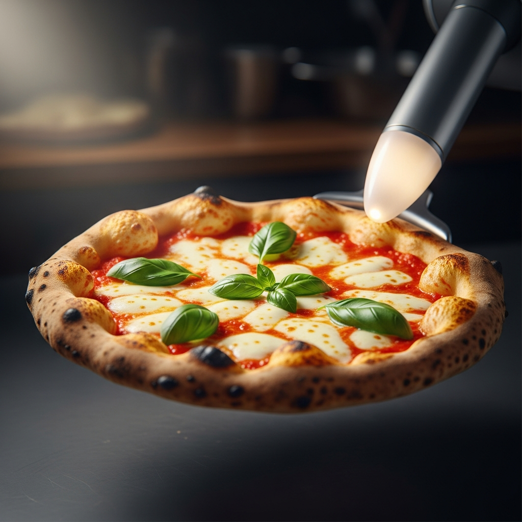 Close-up of a perfectly formed Neapolitan pizza being placed by a robotic arm, soft Italian kitchen lighting, golden cheese, fresh basil, editorial food photography, dark moody background