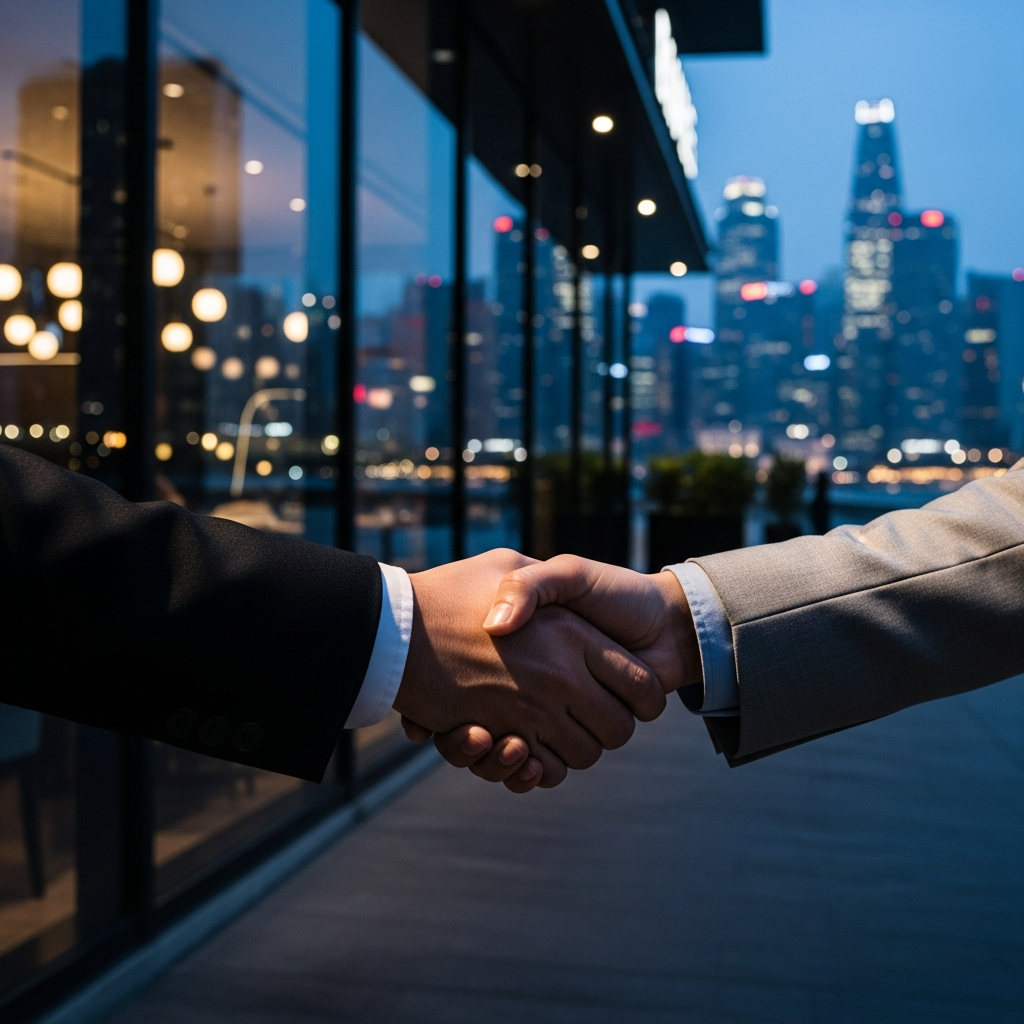 Confident business partner handshake in front of modern restaurant, city skyline background, premium hospitality investment, cinematic lighting, editorial photography