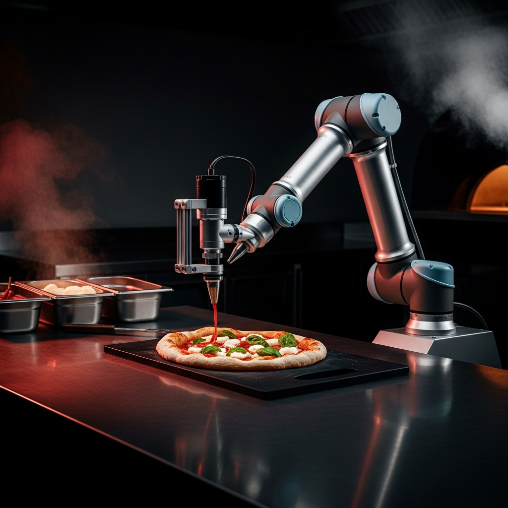 Sleek automated pizza-making robot arm in a modern dark kitchen, Italian pizza being assembled with precision, dramatic cinematic lighting, red and gold accent lights, premium editorial food photography style, shallow depth of field