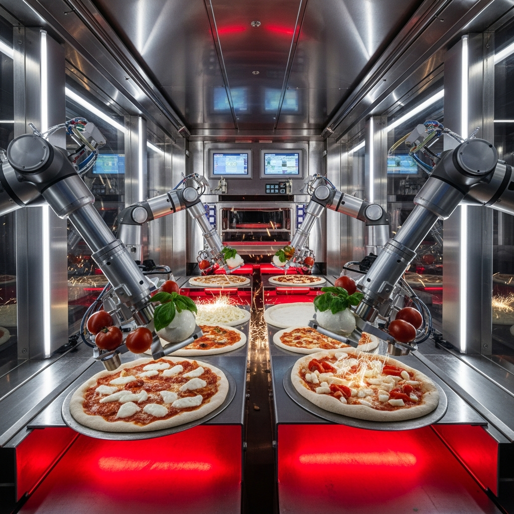 Futuristic pizza robot machine interior view, robotic arms in motion, Italian ingredients, dramatic red and white accent lighting, cinematic wide shot, ultra-sharp editorial photography