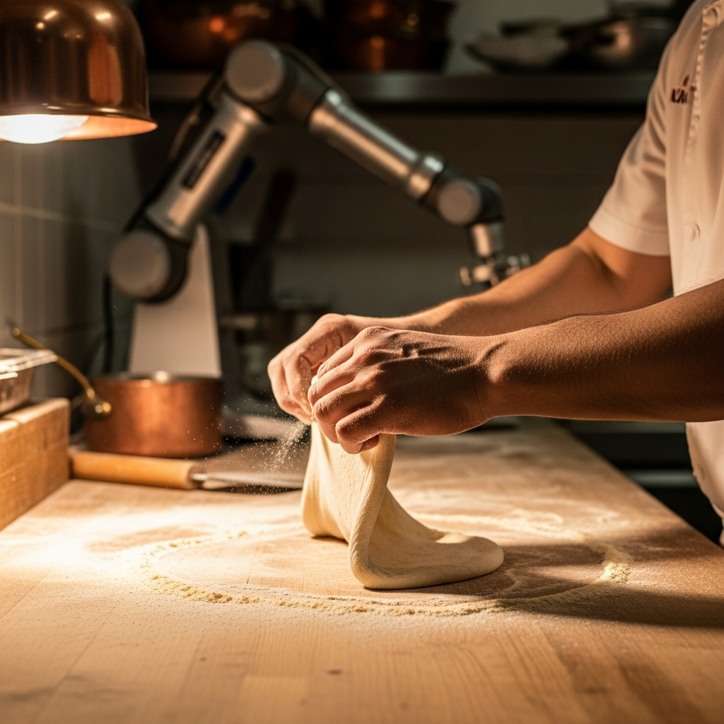 Italian pizza chef artisan hands working with dough, warm rustic kitchen light, blurred robotic arm in background, story of tradition meeting technology, documentary photography style