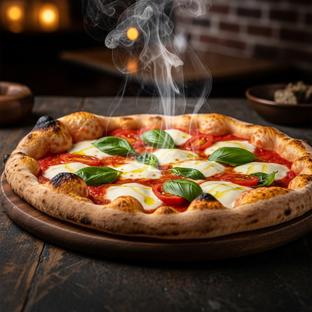 Perfect Neapolitan pizza fresh out of oven, steam rising, golden crust, vibrant toppings, dark moody professional food photography, Italian restaurant atmosphere